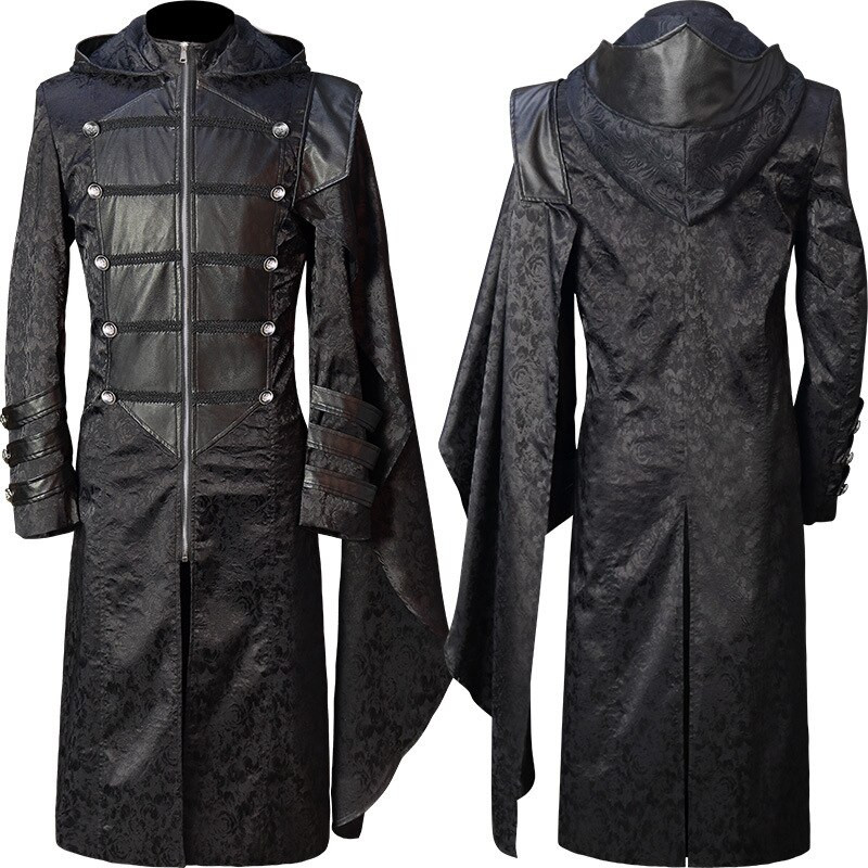 Melna Steampunk Vintage fraka jaka Mens Goth Victorian Frock Coat Uniforma Melns Ādas Gothic Cape Coat Helovīna kostīms