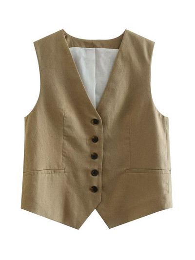TRAF Ženski modni laneni skrateni prsluk s prednjim gumbima Vintage V izrez bez rukava Ženska gornja odjeća Chic Top prsluk