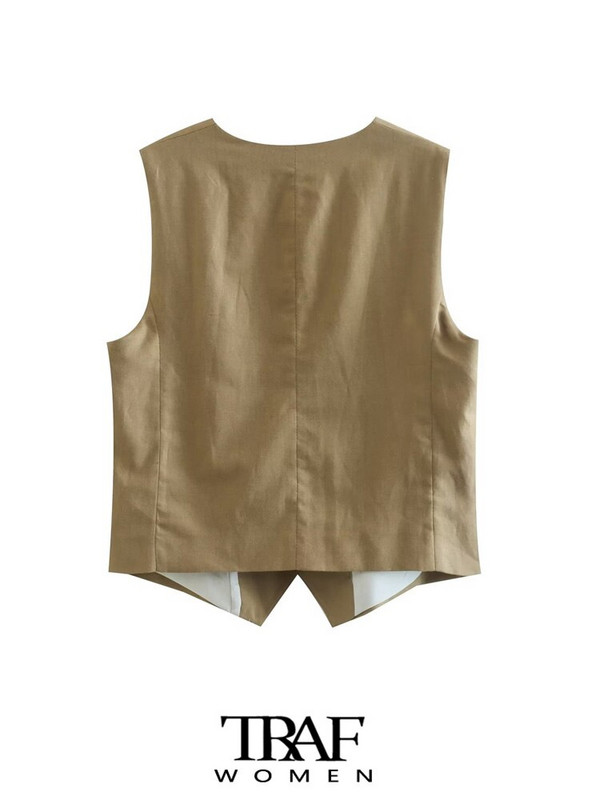 TRAF Ženski modni laneni skrateni prsluk s prednjim gumbima Vintage V izrez bez rukava Ženska gornja odjeća Chic Top prsluk