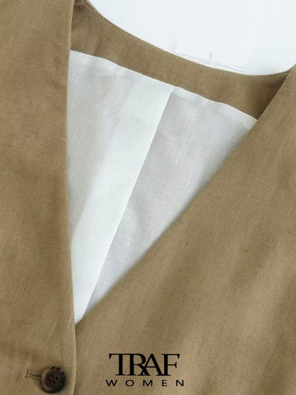 TRAF Ženski modni laneni skrateni prsluk s prednjim gumbima Vintage V izrez bez rukava Ženska gornja odjeća Chic Top prsluk