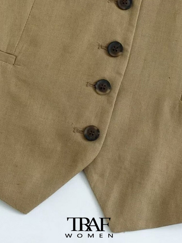 TRAF Ženski modni laneni skrateni prsluk s prednjim gumbima Vintage V izrez bez rukava Ženska gornja odjeća Chic Top prsluk