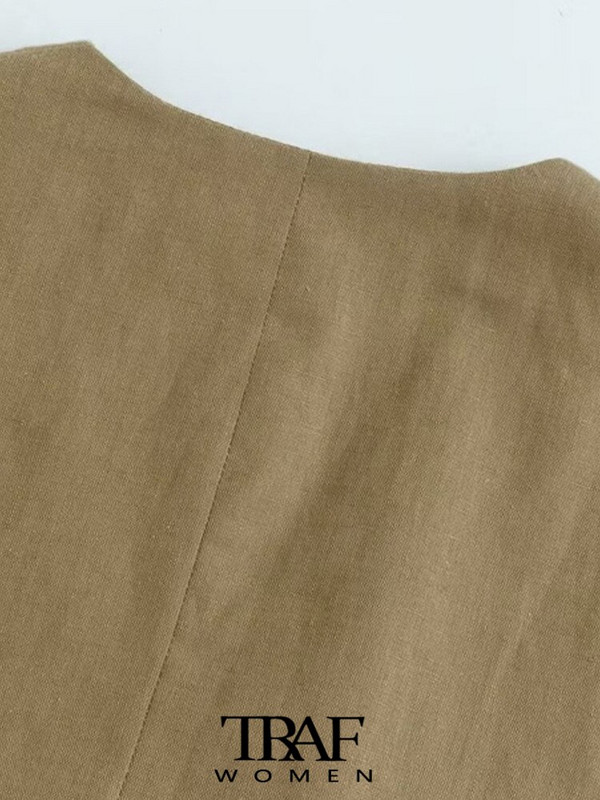 TRAF Ženski modni laneni skrateni prsluk s prednjim gumbima Vintage V izrez bez rukava Ženska gornja odjeća Chic Top prsluk