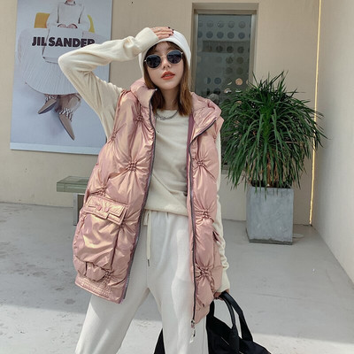 Φερμουάρ για γυναικείο αμάνικο μπουφάν με κουκούλα Χαλαρές τσέπες για γυναικείο γιλέκο Μασίφ καπιτονέ Casual χειμερινά γυναικεία φουσκωτά γιλέκα μόδας