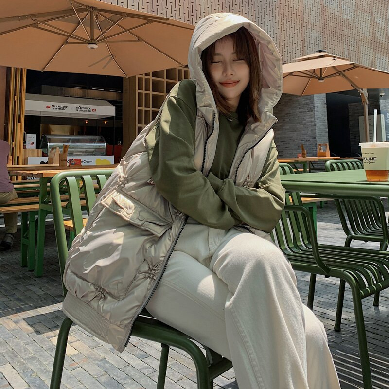 Φερμουάρ για γυναικείο αμάνικο μπουφάν με κουκούλα Χαλαρές τσέπες για γυναικείο γιλέκο Μασίφ καπιτονέ Casual χειμερινά γυναικεία φουσκωτά γιλέκα μόδας
