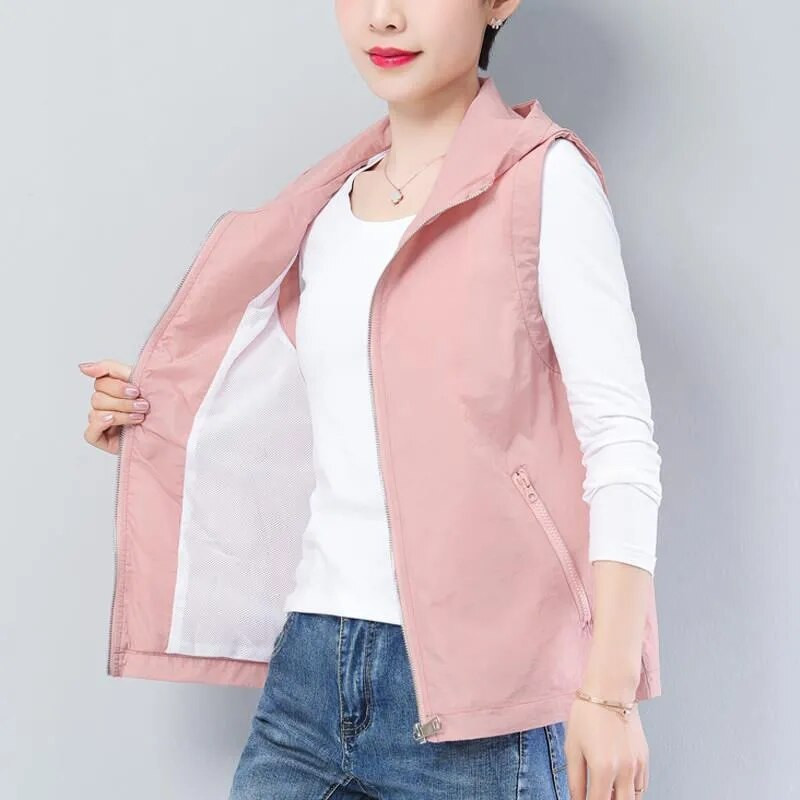 Preveliki 5XL ružičasti prsluk s kapuljačom Ženska 2022. proljeće ljeto tanka podstava široka jakna bez rukava ležerna s patentnim zatvaračem Chaleco Mujer