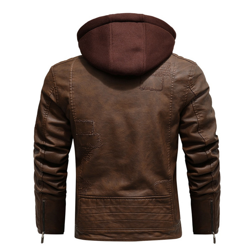 AIOPESON férfi kivehető kapucnis bőrdzseki egyszínű polár hímzett cipzáras dzseki férfi téli divat retro kabátok férfi