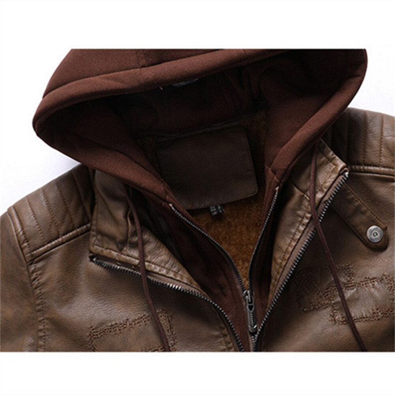 AIOPESON férfi kivehető kapucnis bőrdzseki egyszínű polár hímzett cipzáras dzseki férfi téli divat retro kabátok férfi