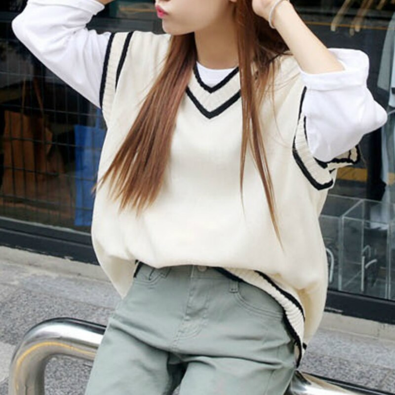 Veste Sieviešu svītrains V-veida kakla izgriezums, ikdienas adīts, stilīgs studentu korejiešu stila apģērbs bez piedurknēm Sieviešu mēteļi, viss piemērots atpūtai Ulzzang