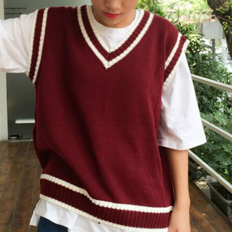 Veste Sieviešu svītrains V-veida kakla izgriezums, ikdienas adīts, stilīgs studentu korejiešu stila apģērbs bez piedurknēm Sieviešu mēteļi, viss piemērots atpūtai Ulzzang