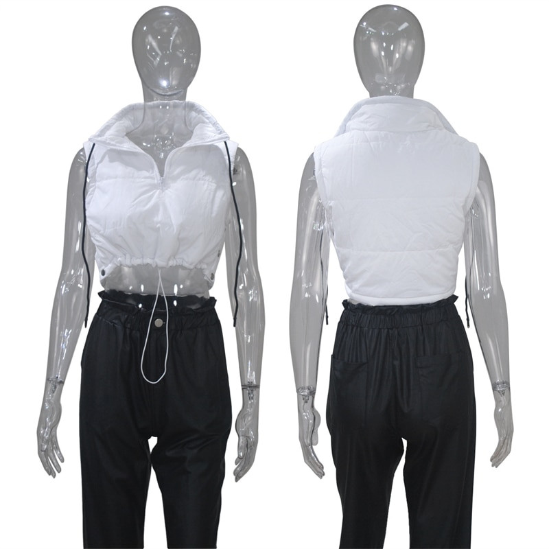 Adogirl sieviešu masīvkokvilnas polsterēta veste mētelis ar rāvējslēdzēju, statīvs apkakle bez piedurknēm asimetrisks parks Crop top ikdienas maizes jaka