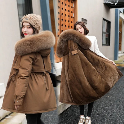 Jauns mētelis ar kapuci Sieviešu ziemas jaka Parkas Mode ar kažokādas apkakli, silts ziemas apģērbs, polsterēts