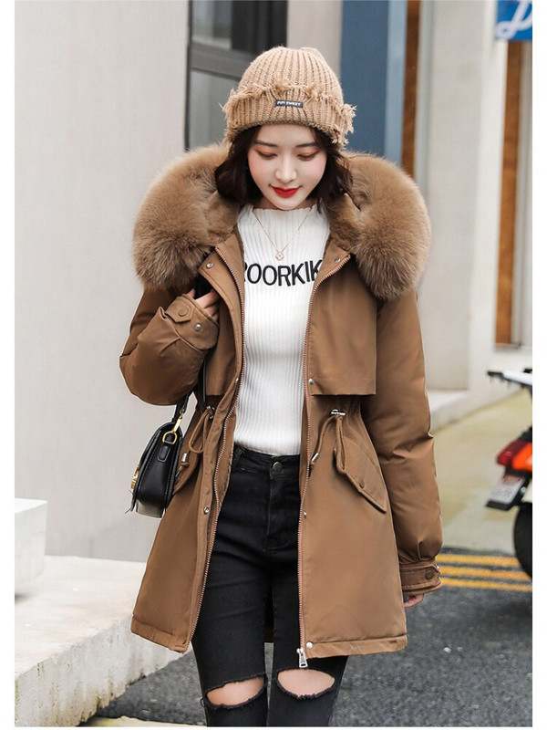 Naujas paltas su gobtuvu žieminė striukė Moteriška Parkas Su kailiniu apykakle, šilta žiemos apranga, paminkštinta