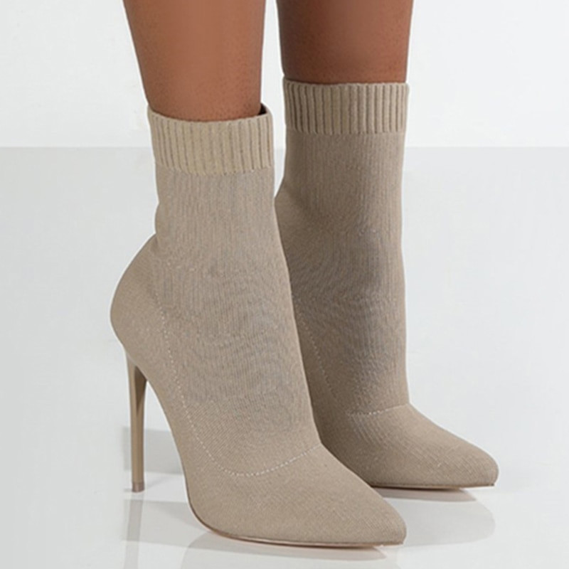 Ženske čizme kratke cipele na visoku petu za žene Jesen Zima Botas Mujer Pletene gležnjače Crne čarape Ženske čizme na petu Ženske