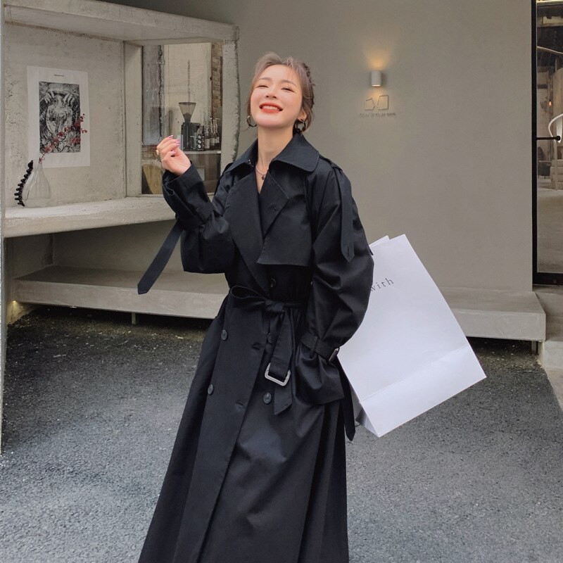 Korejas stila X garums sieviešu brīvs lietusmētelis, dubultā pudeles lietusmētelis ar jostu pavasara rudens vējjaka sieviešu apmetnis pelēks mētelis Y2K