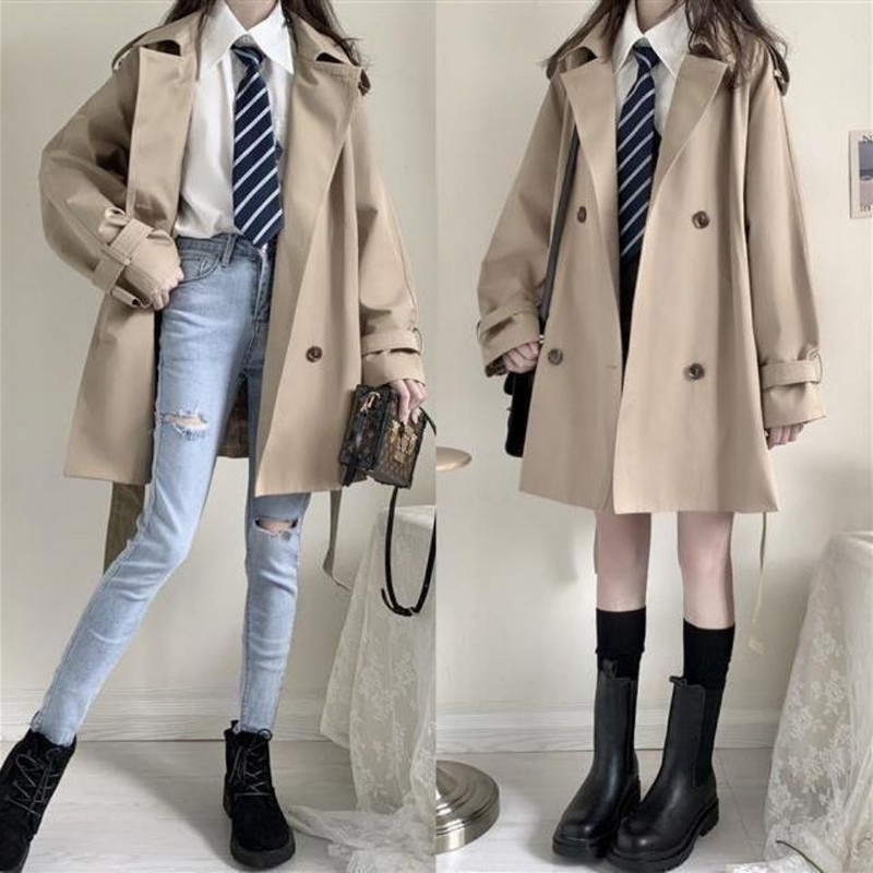 Trenč kaput Ženska samostojeća ovratnica Jednobojna jesenska vjetrovka Dvoredno kopčanje Vjetrovka za slobodno vrijeme Univerzalna Harajuku Chic student BF stil Feminino