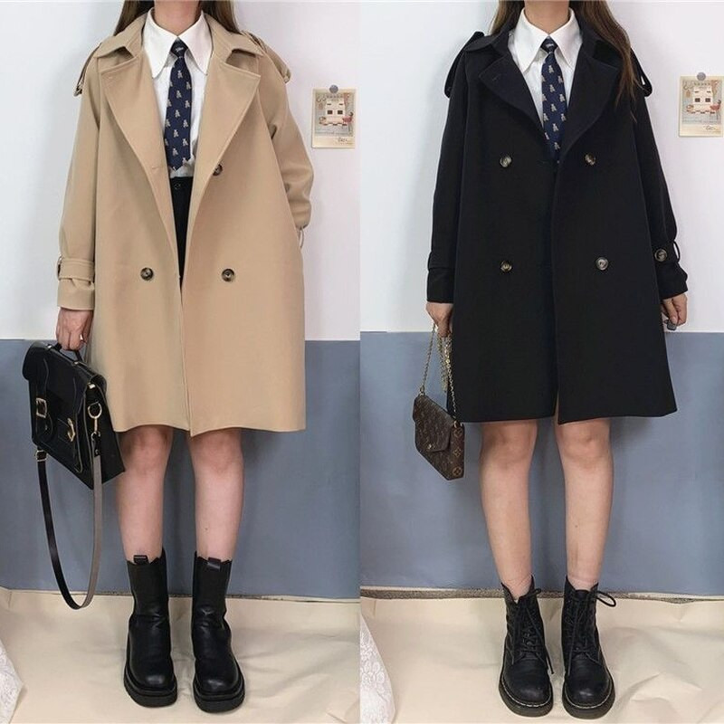 Trenč kaput Ženska samostojeća ovratnica Jednobojna jesenska vjetrovka Dvoredno kopčanje Vjetrovka za slobodno vrijeme Univerzalna Harajuku Chic student BF stil Feminino