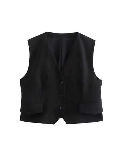 TRAF Sievietēm Modes Priekšpuses pogas Lina veste Vintage Bezpiedurknēm Kabatas ar atlokiem Sieviešu virsdrēbes Šiki topi