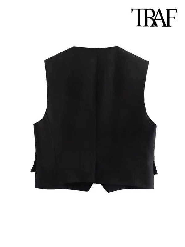 TRAF Sievietēm Modes Priekšpuses pogas Lina veste Vintage Bezpiedurknēm Kabatas ar atlokiem Sieviešu virsdrēbes Šiki topi