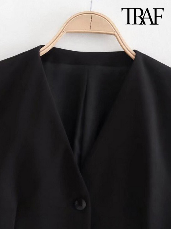 TRAF Sievietēm Modes Priekšpuses pogas Lina veste Vintage Bezpiedurknēm Kabatas ar atlokiem Sieviešu virsdrēbes Šiki topi