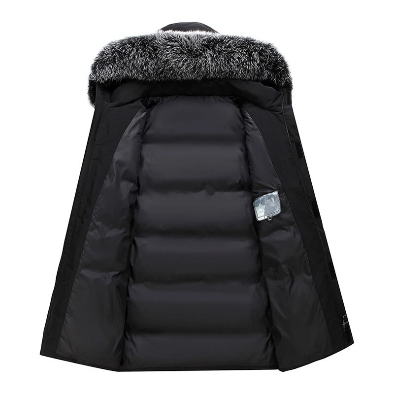 2022. gada jauna karsta ziemas vīriešu dūnu jaka ar garu kapuci kažokādas apkakles parka bieza, silta, vēja necaurlaidīga dūnu jaka vīriešiem āra sniega parki