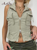 Artsu buzunare jachetă cargo vestă cusături pentru femeie cu șnur vestă vintage cu fermoar îmbrăcăminte de stradă ocazional corset tancuri