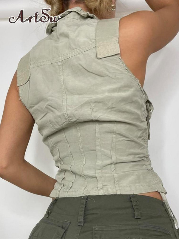 Artsu buzunare jachetă cargo vestă cusături pentru femeie cu șnur vestă vintage cu fermoar îmbrăcăminte de stradă ocazional corset tancuri