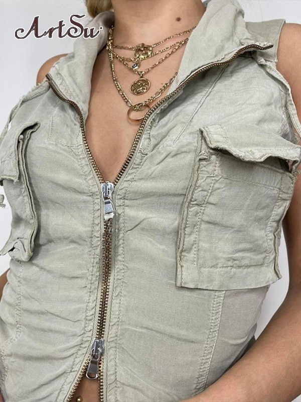 Artsu buzunare jachetă cargo vestă cusături pentru femeie cu șnur vestă vintage cu fermoar îmbrăcăminte de stradă ocazional corset tancuri