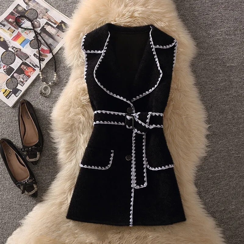 Vintage vidēja garuma mākslīgās ūdeles kašmira veste sieviešu korejiešu jostas trikotāžas veste gadījuma rakstura bez piedurknēm Chaleco Mujer