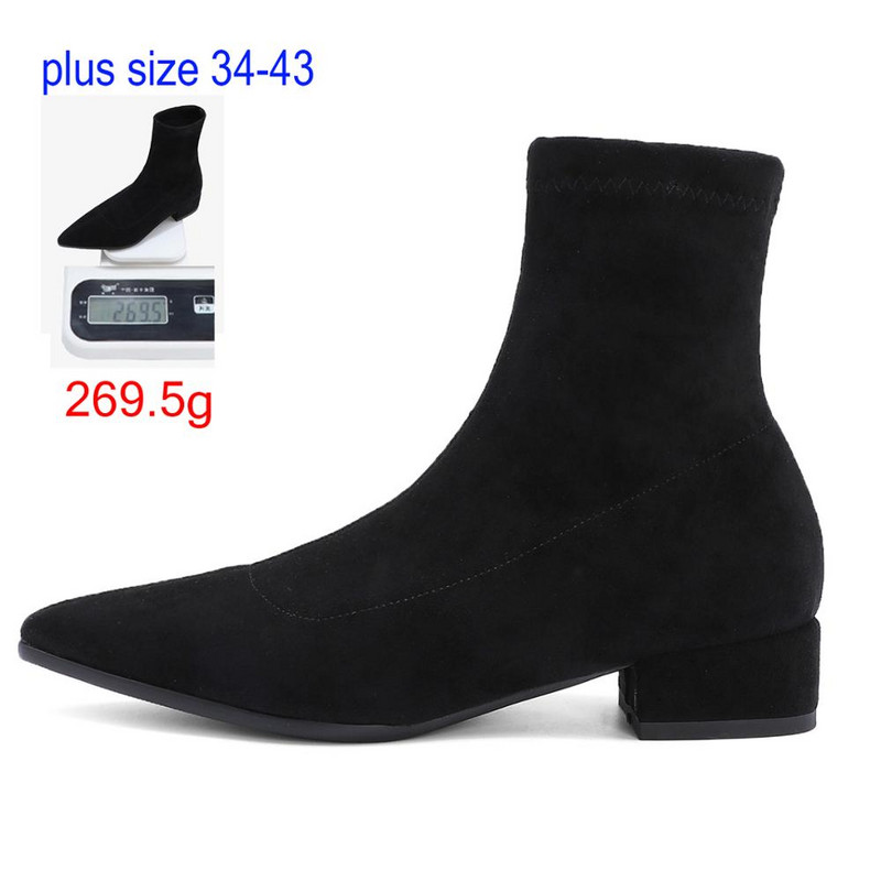 Ženske gležnjače s čarapama 2022. Proljeće Jesen Sa šiljatim prstima Niska peta Elastično jato Crne Udobne čizme Ženske cipele Velika veličina 42 43