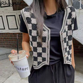 Argyle Vest Sieviešu Retro Vispārpiemērots rudens sieviešu apģērbs bez piedurknēm V veida kakla izgriezuma elegants stilīgs pusaudžu apģērbs Ielu apģērbs mētelis Basic