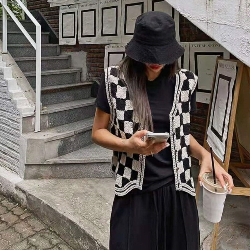 Argyle Vest Sieviešu Retro Vispārpiemērots rudens sieviešu apģērbs bez piedurknēm V veida kakla izgriezuma elegants stilīgs pusaudžu apģērbs Ielu apģērbs mētelis Basic