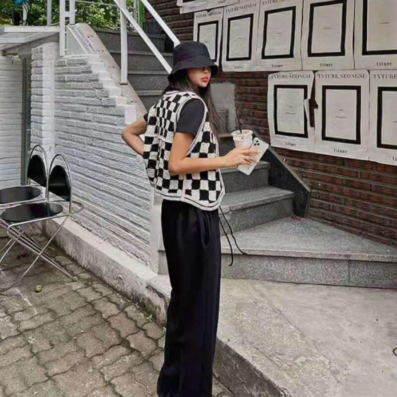 Argyle Vest Sieviešu Retro Vispārpiemērots rudens sieviešu apģērbs bez piedurknēm V veida kakla izgriezuma elegants stilīgs pusaudžu apģērbs Ielu apģērbs mētelis Basic