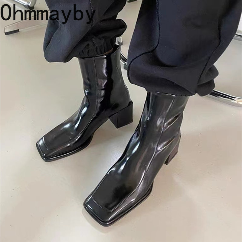 Jauni sieviešu Chelsea zābaki, 2022. gada modes kvadrātveida purngala aizmugurējie sieviešu rāvējslēdzēji, eleganti īsi zābaki kvadrātveida augstpapēžu kurpēm