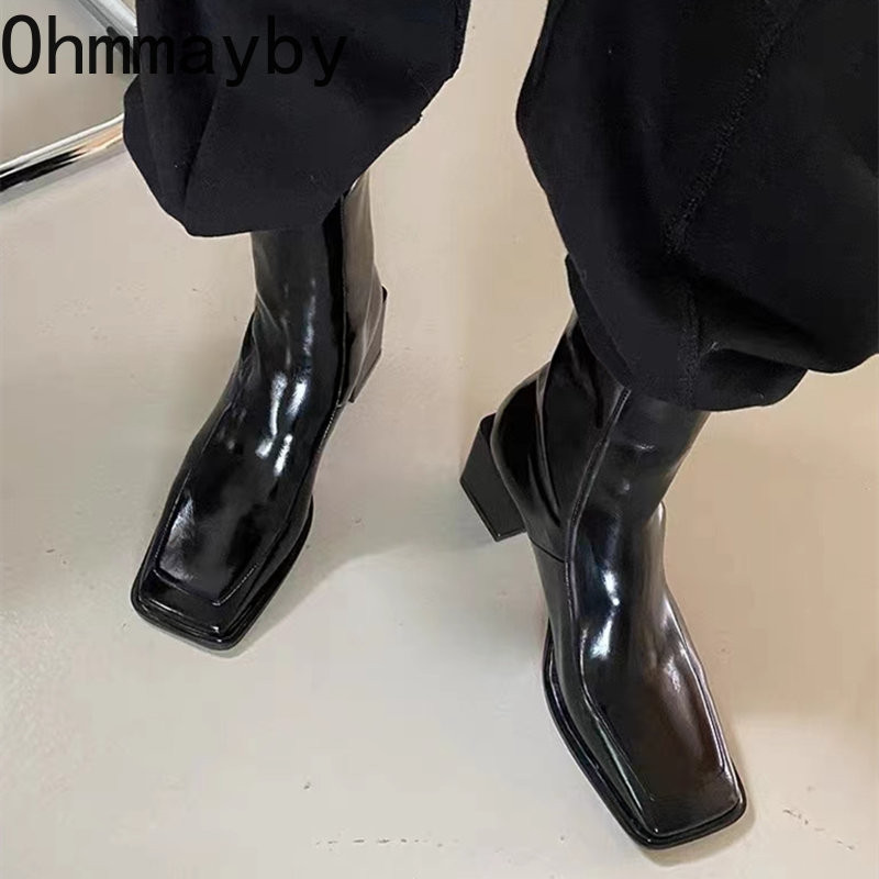 Jauni sieviešu Chelsea zābaki, 2022. gada modes kvadrātveida purngala aizmugurējie sieviešu rāvējslēdzēji, eleganti īsi zābaki kvadrātveida augstpapēžu kurpēm