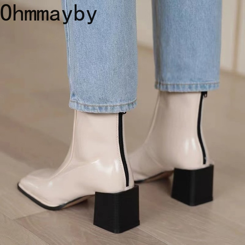 Jauni sieviešu Chelsea zābaki, 2022. gada modes kvadrātveida purngala aizmugurējie sieviešu rāvējslēdzēji, eleganti īsi zābaki kvadrātveida augstpapēžu kurpēm