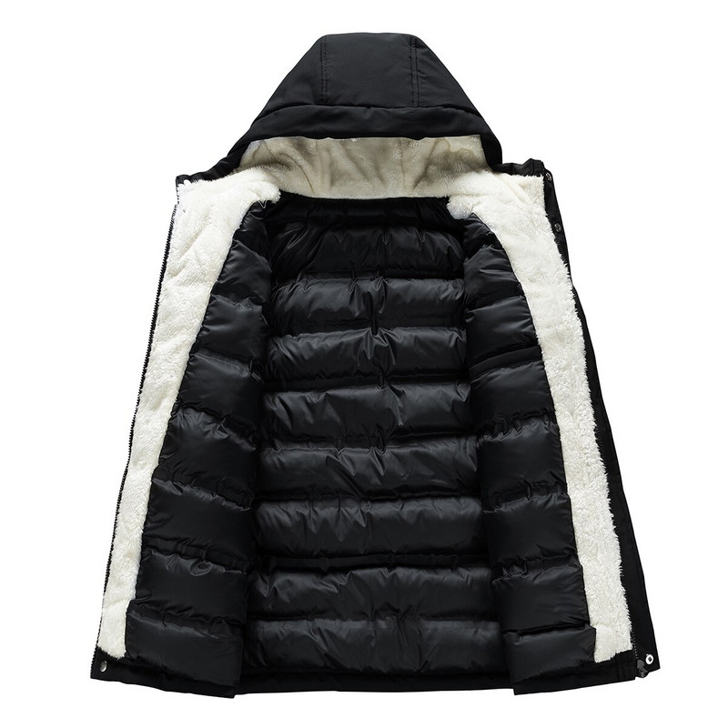 Vēja necaurlaidīgs silts vīriešu ziemas mētelis ar kapuci, burbuļjaka, vēja necaurlaidīga flīsa un bieza parka jaka