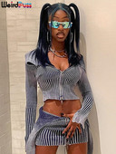 Weird Puss Y2K ριγέ φερμουάρ Crop Γυναικείο μακρυμάνικο φθινοπωρινό μοντέρνο σέξι κολάρο Wild Streetwear Casual Hipster παλτό