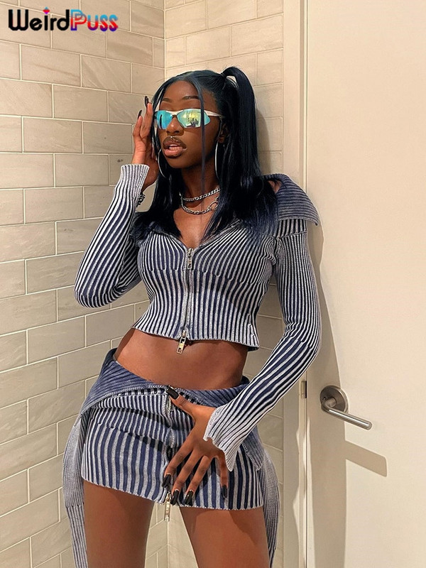 Weird Puss Y2K ριγέ φερμουάρ Crop Γυναικείο μακρυμάνικο φθινοπωρινό μοντέρνο σέξι κολάρο Wild Streetwear Casual Hipster παλτό