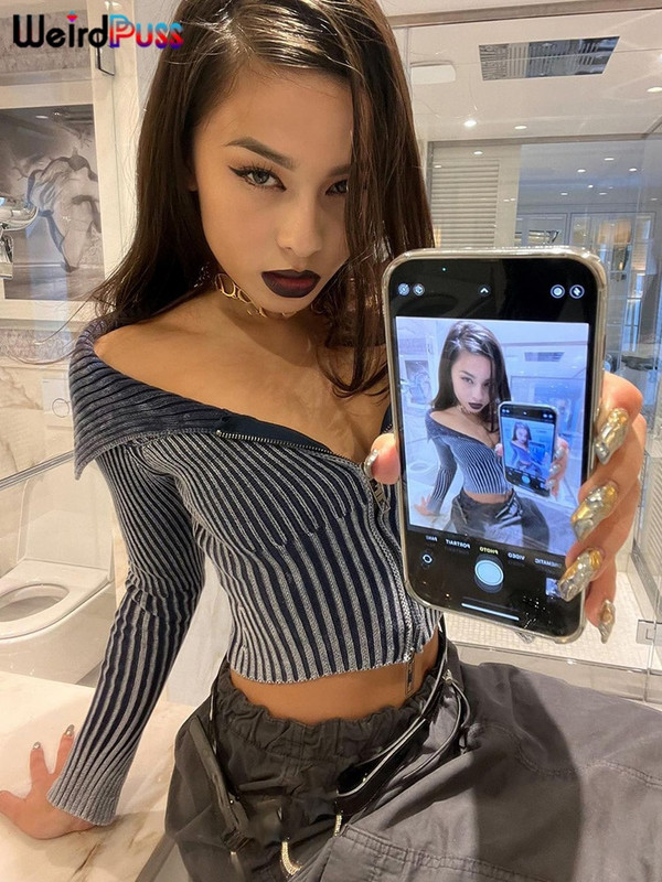 Weird Puss Y2K ριγέ φερμουάρ Crop Γυναικείο μακρυμάνικο φθινοπωρινό μοντέρνο σέξι κολάρο Wild Streetwear Casual Hipster παλτό