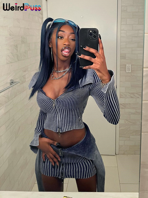 Weird Puss Y2K ριγέ φερμουάρ Crop Γυναικείο μακρυμάνικο φθινοπωρινό μοντέρνο σέξι κολάρο Wild Streetwear Casual Hipster παλτό