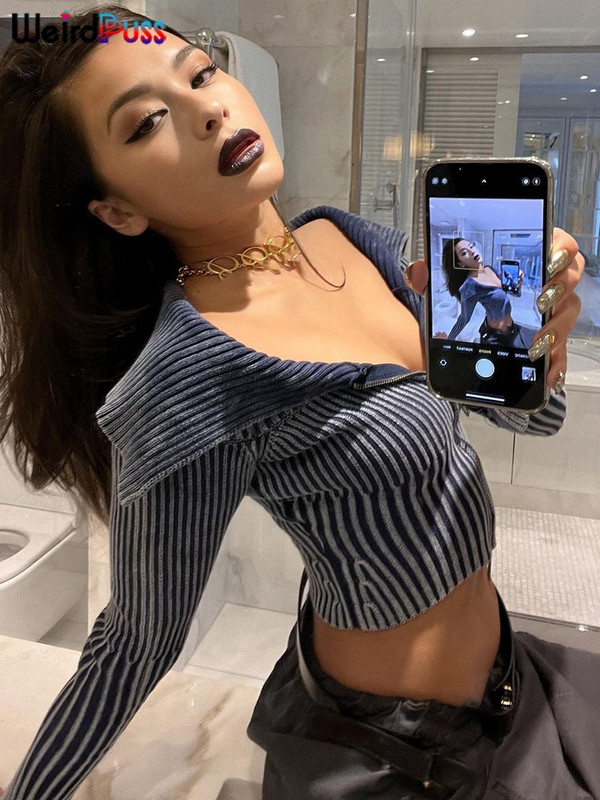 Weird Puss Y2K ριγέ φερμουάρ Crop Γυναικείο μακρυμάνικο φθινοπωρινό μοντέρνο σέξι κολάρο Wild Streetwear Casual Hipster παλτό