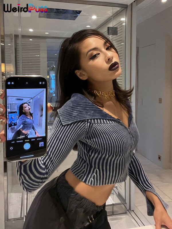 Weird Puss Y2K ριγέ φερμουάρ Crop Γυναικείο μακρυμάνικο φθινοπωρινό μοντέρνο σέξι κολάρο Wild Streetwear Casual Hipster παλτό