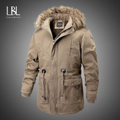 2022. gada vīriešu ziemas parku mēteļi, biezi ar kapuci vīriešu jaka, flīsa, ikdienas kažokādas apkakle Vīriešu apģērbi āra vēja necaurlaidīgi virsdrēbes