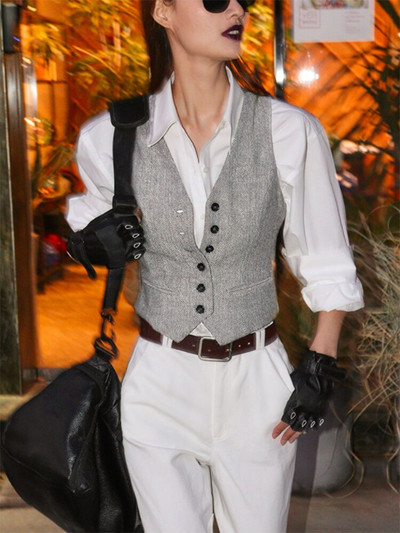 Női öltöny mellény Üzleti kabát karcsúsított formális mellény Retro gyapjú Tweed chalecos