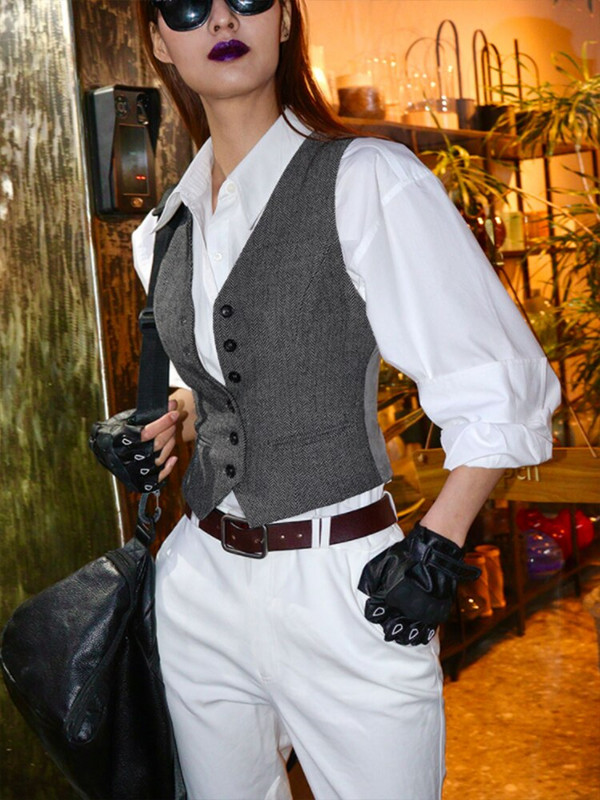 Női öltöny mellény Üzleti kabát karcsúsított formális mellény Retro gyapjú Tweed chalecos