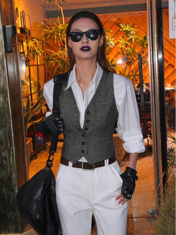 Női öltöny mellény Üzleti kabát karcsúsított formális mellény Retro gyapjú Tweed chalecos