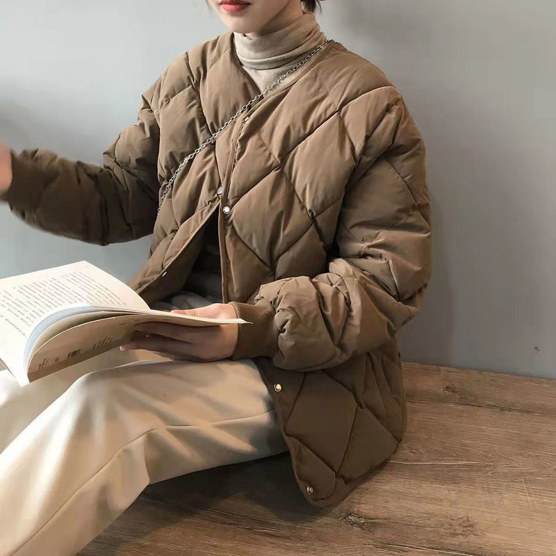 Vienkrāsains Retro kokvilnas mētelis sieviešu dimanta režģis Mode Vienkāršs brīvs ikdienas ziemas jauns stepēts mētelis sieviešu plūdmaiņas