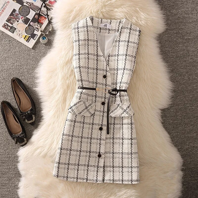 Vintage vidēja garuma rūtains tvīda veste sieviešu korejiešu 2 daļīgs komplekts, elegants dizains bez oderes veste un melns džempera uzvalks 2022