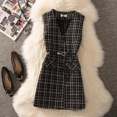 Vintage vidēja garuma rūtains tvīda veste sieviešu korejiešu 2 daļīgs komplekts, elegants dizains bez oderes veste un melns džempera uzvalks 2022