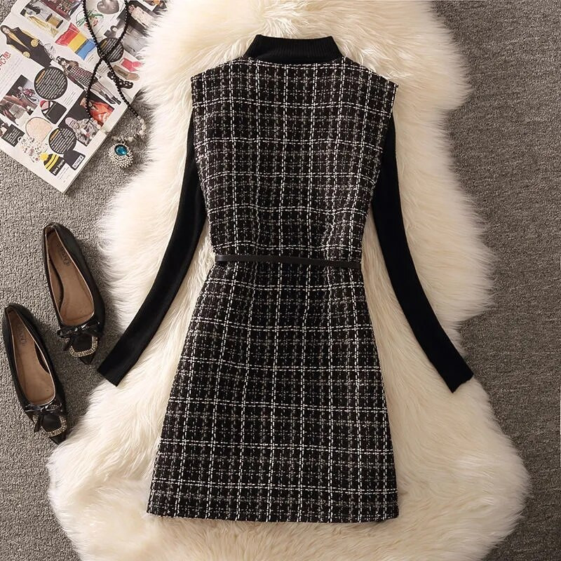 Vintage vidēja garuma rūtains tvīda veste sieviešu korejiešu 2 daļīgs komplekts, elegants dizains bez oderes veste un melns džempera uzvalks 2022